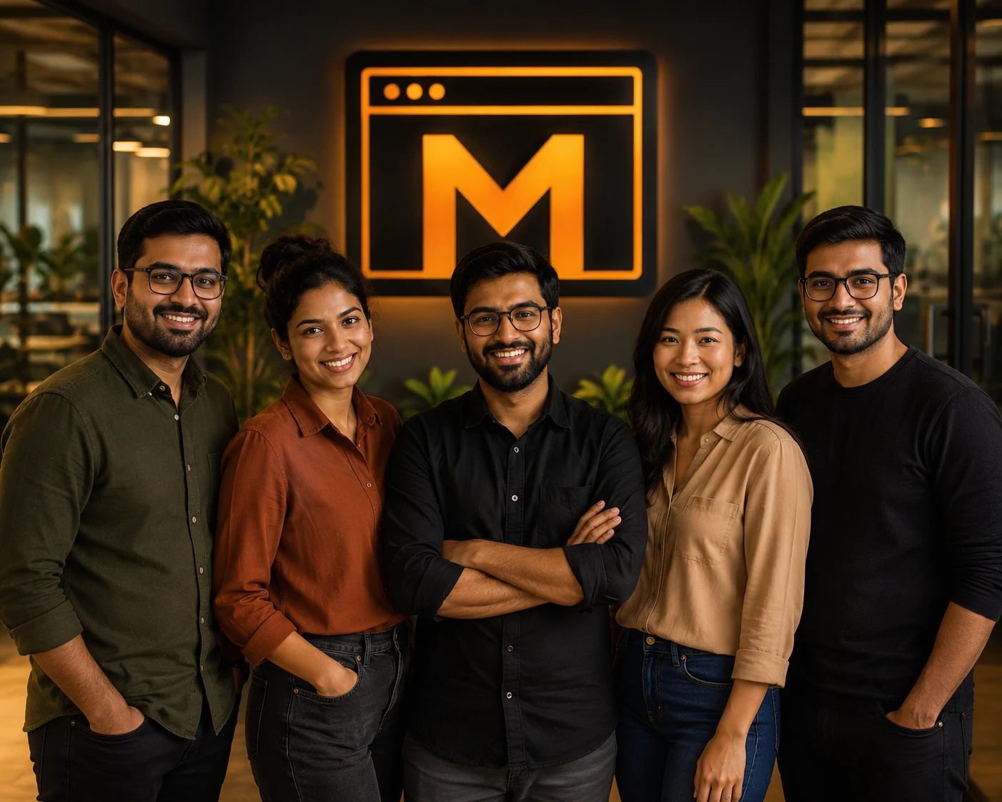 Five Mejona team members standing close together smiling at the camera in a modern office, with the orange Mejona M logo glowing on the wall behind them.