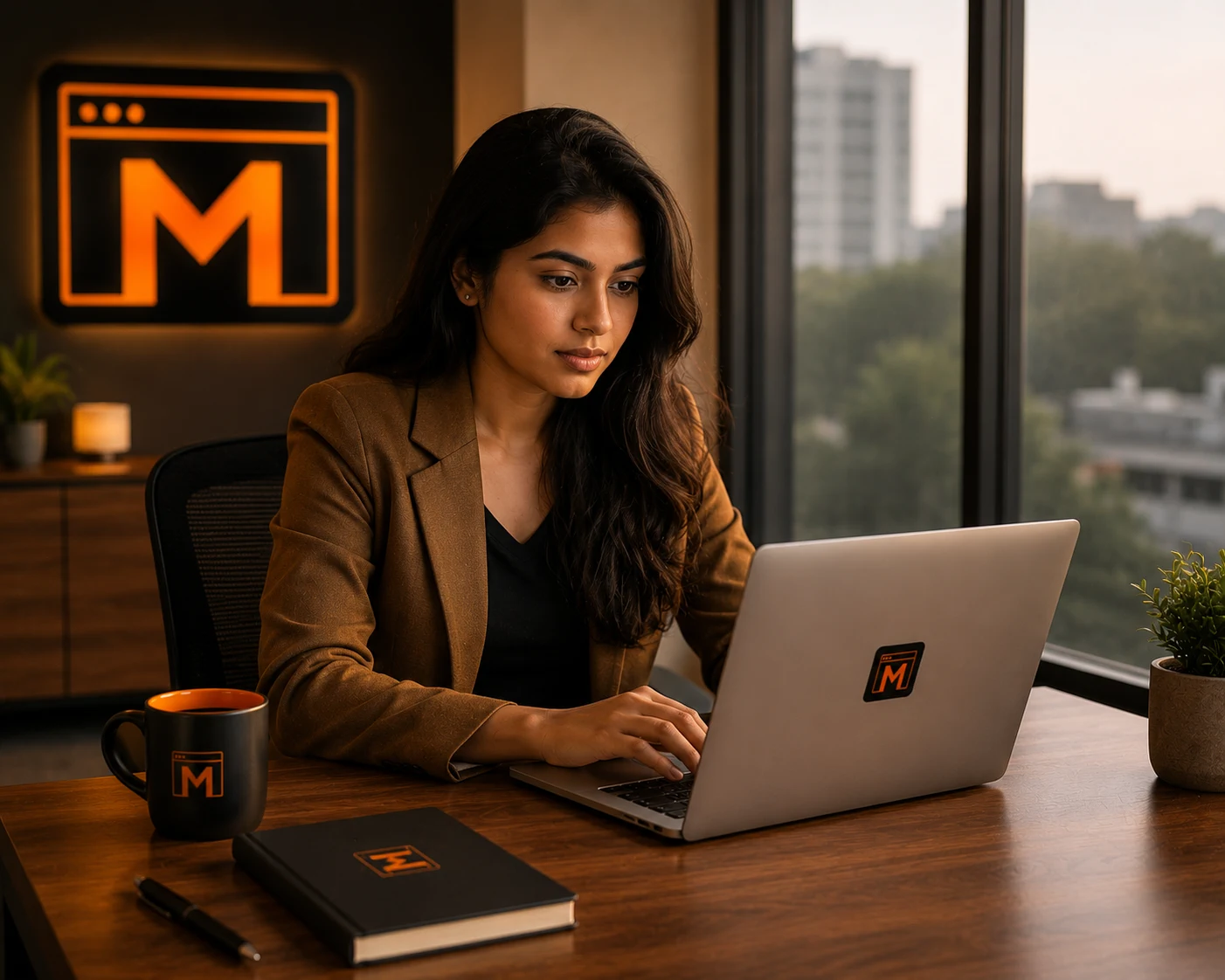 A young professional woman with long dark hair working on a silver laptop at a wooden desk, with a Mejona M logo softly glowing on the wall behind her.