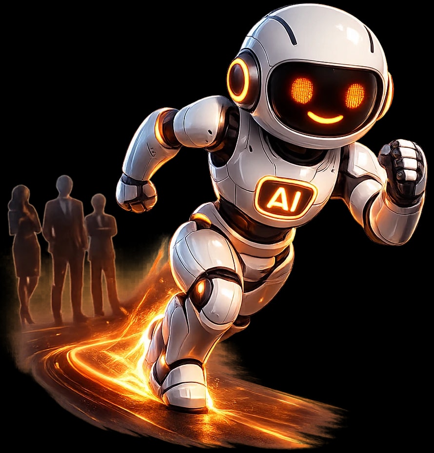 Friendly 3D AI robot sprinting ahead of faded competitor silhouettes — your business transformation with AI