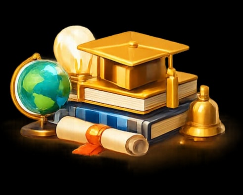 3D graduation cap stacked on books next to a globe and scroll