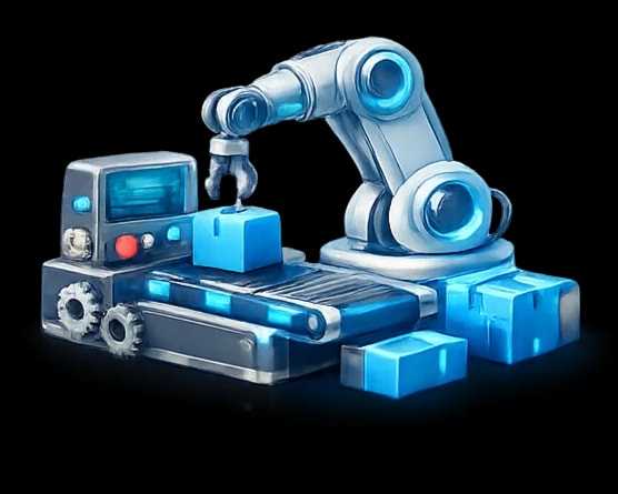 3D industrial robot arm on assembly line with packages