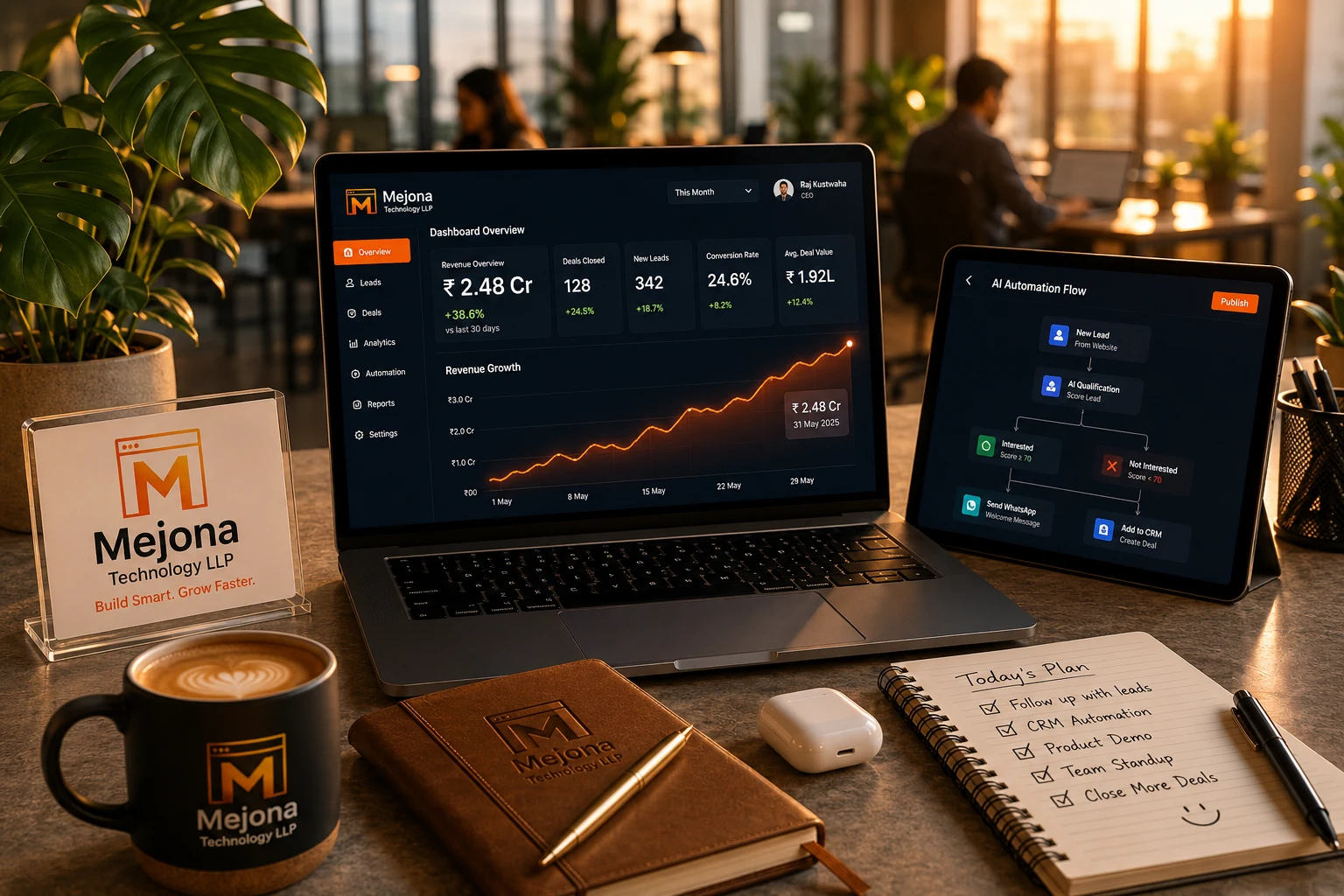 Editorial scene of the Mejona product suite — a laptop, tablet, and phone on a sunlit desk, each showing a different product (CRM Pro, AI Automations, Integrations, Enterprise Security) in dark-mode dashboards