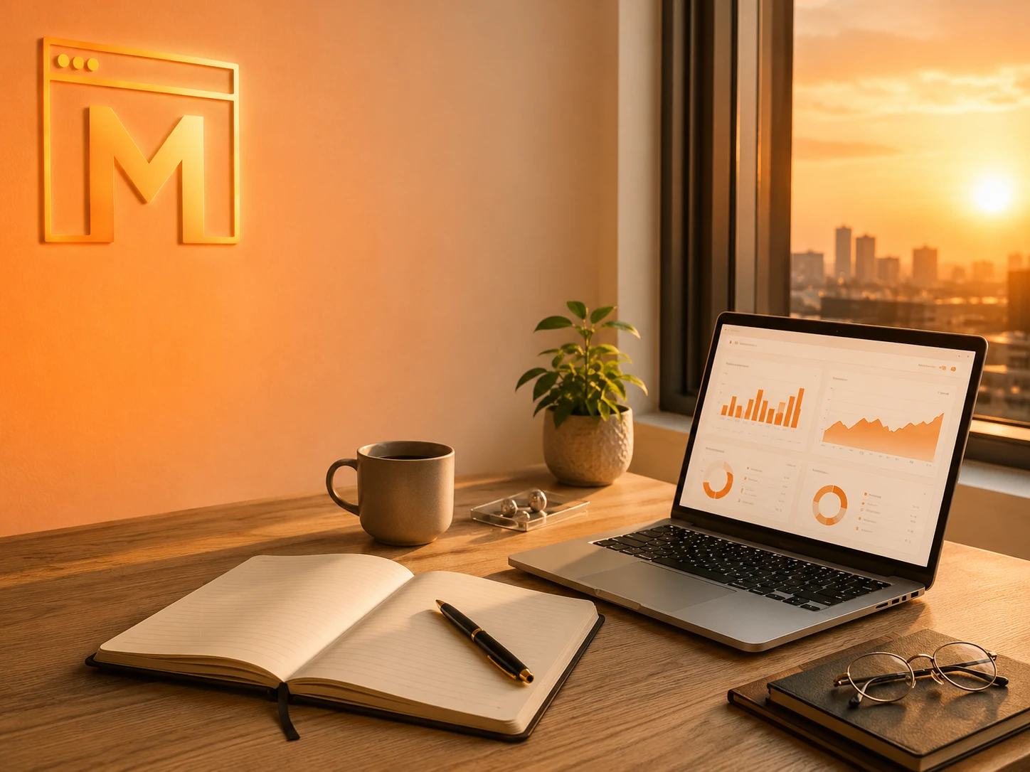 Editorial scene of the Mejona workspace: a sunlit wooden desk with an open notebook, a laptop showing the Mejona analytics dashboard, a ceramic coffee mug, a small potted plant and a window looking out to a warm orange sunset skyline. The Mejona M logo glows softly on the wall.