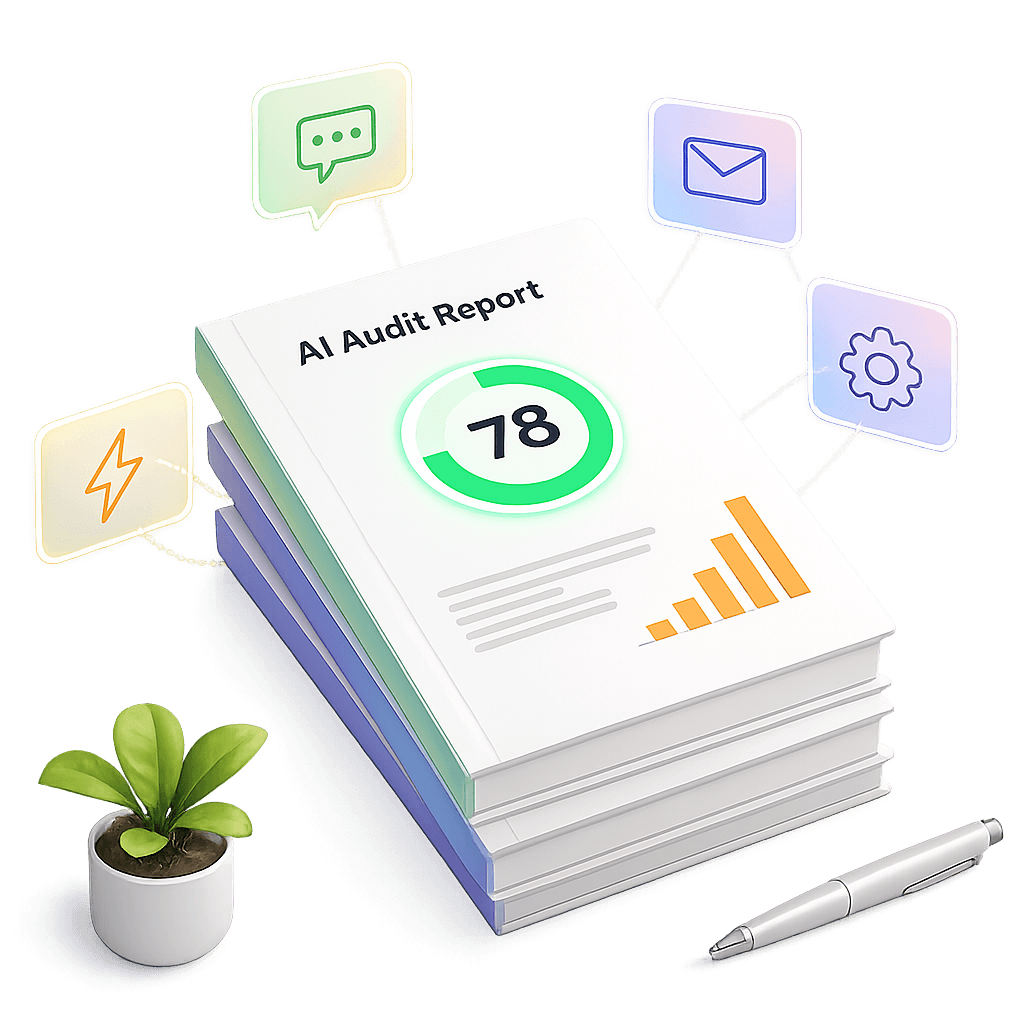 Sample AI Audit Report — 3D illustration of stacked report pages with a 78/100 score ring, savings chart, and floating AI automation icons