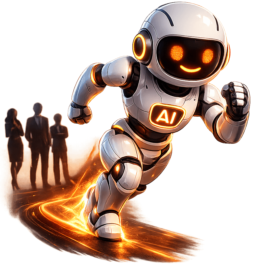 Friendly 3D AI robot sprinting ahead of faded competitor silhouettes — your business transformation with AI