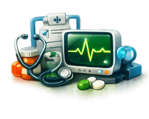 3D medical monitor with heart rhythm and pill bottles