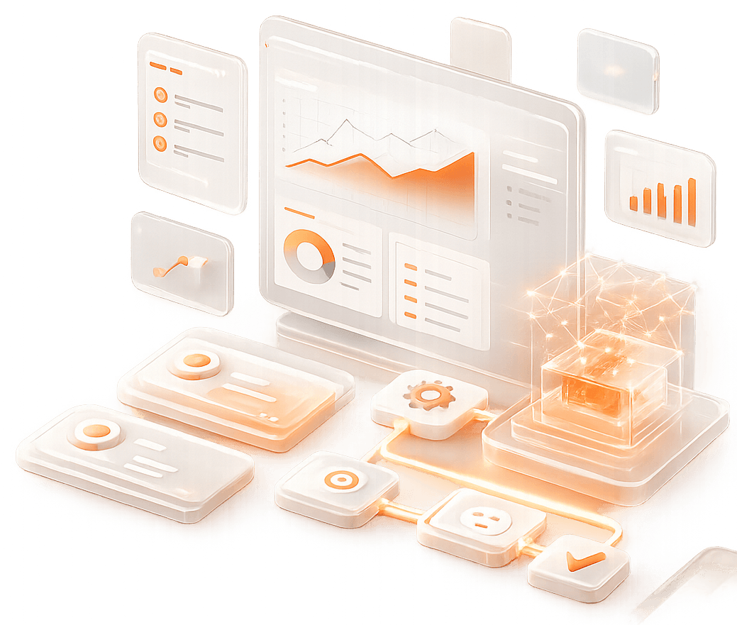 3D business analytics dashboard showing growth charts and automation panels