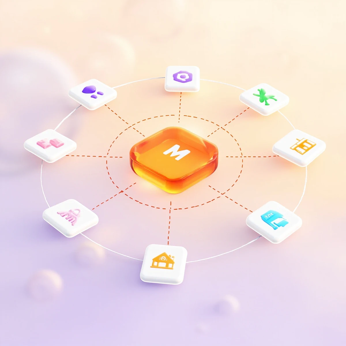 Mejona industries constellation — Healthcare, Education, Manufacturing, Retail & E-commerce, Finance & Banking, Real Estate, Logistics, and Travel & Hospitality orbit a central orange M-hub, connected by glowing dashed lines.