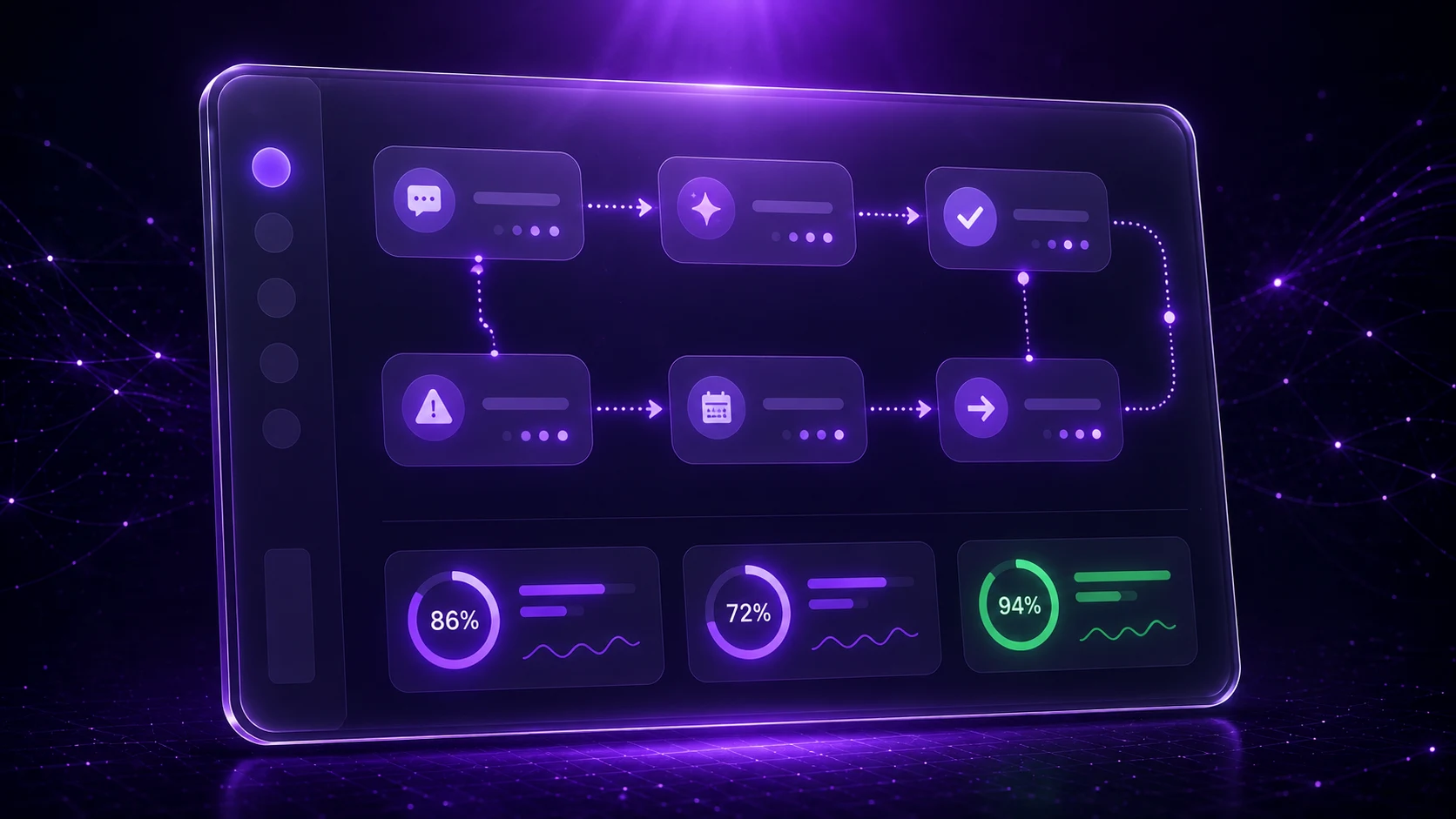 AI Customer Care workflow with intelligent routing, auto-reply nodes, and resolution metrics