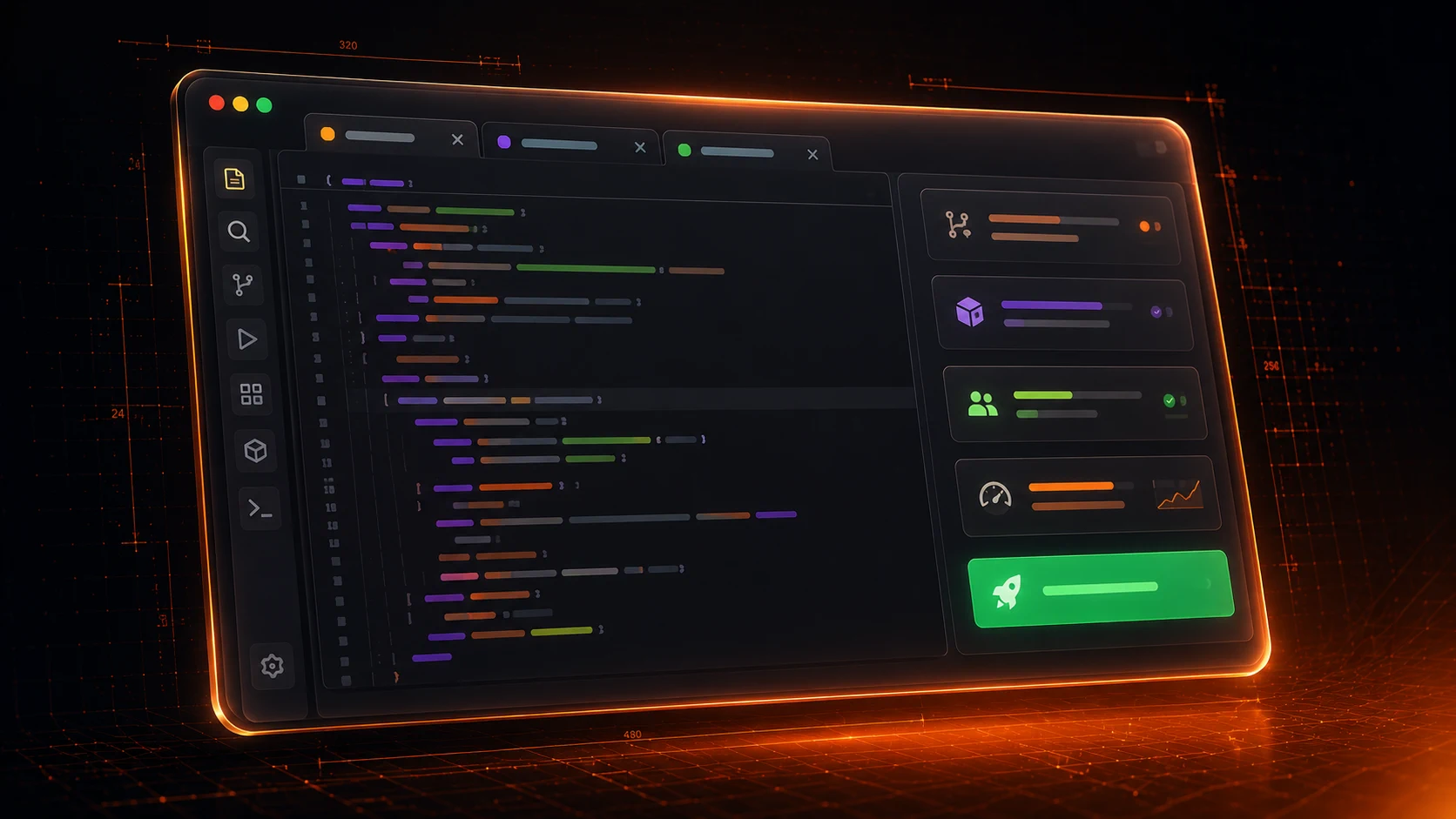 Custom Solutions code editor with syntax highlighting, project panel, and ship-ready status