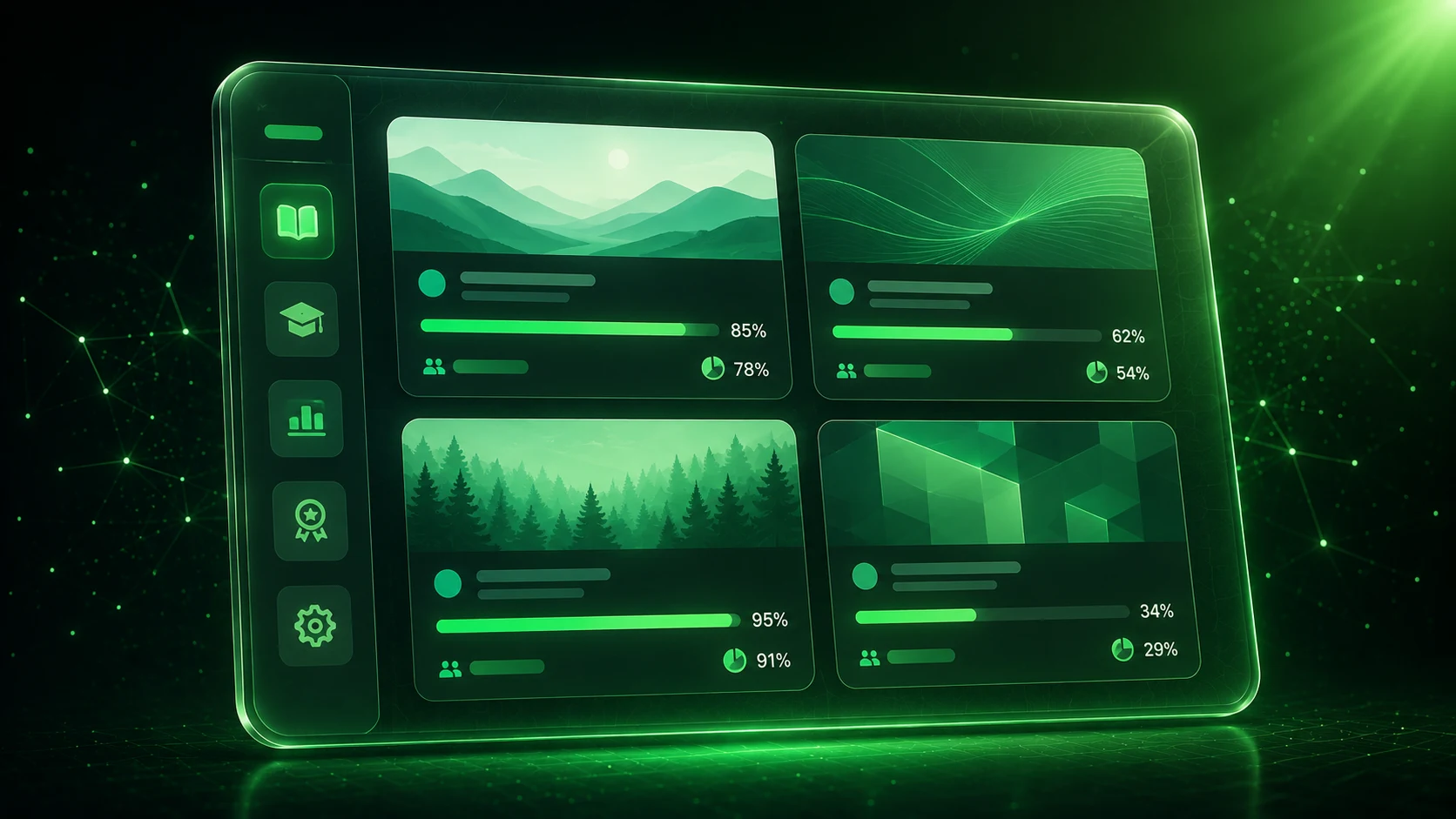 Education Portal dashboard with course cards, completion progress bars, and student analytics