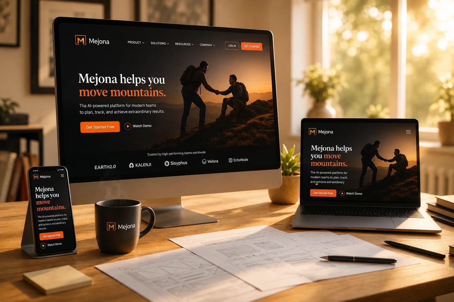 Mejona website displayed across desktop monitor, laptop and mobile phone on a warm wood desk
