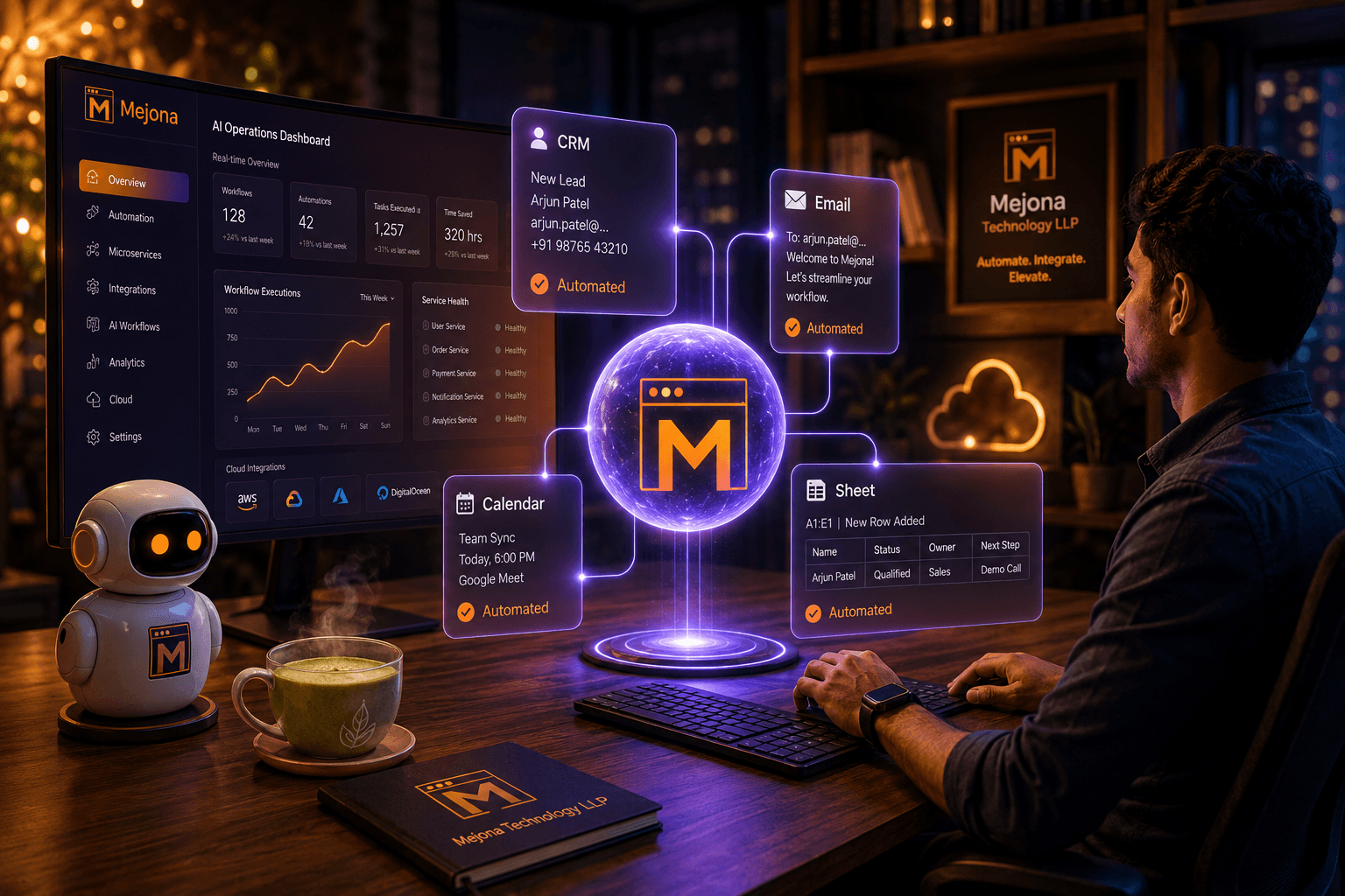 A glowing violet AI orb with the Mejona M logo at the center, connected to CRM, Email, Calendar and Sheet workflow cards, an AI Operations Dashboard on the monitor behind