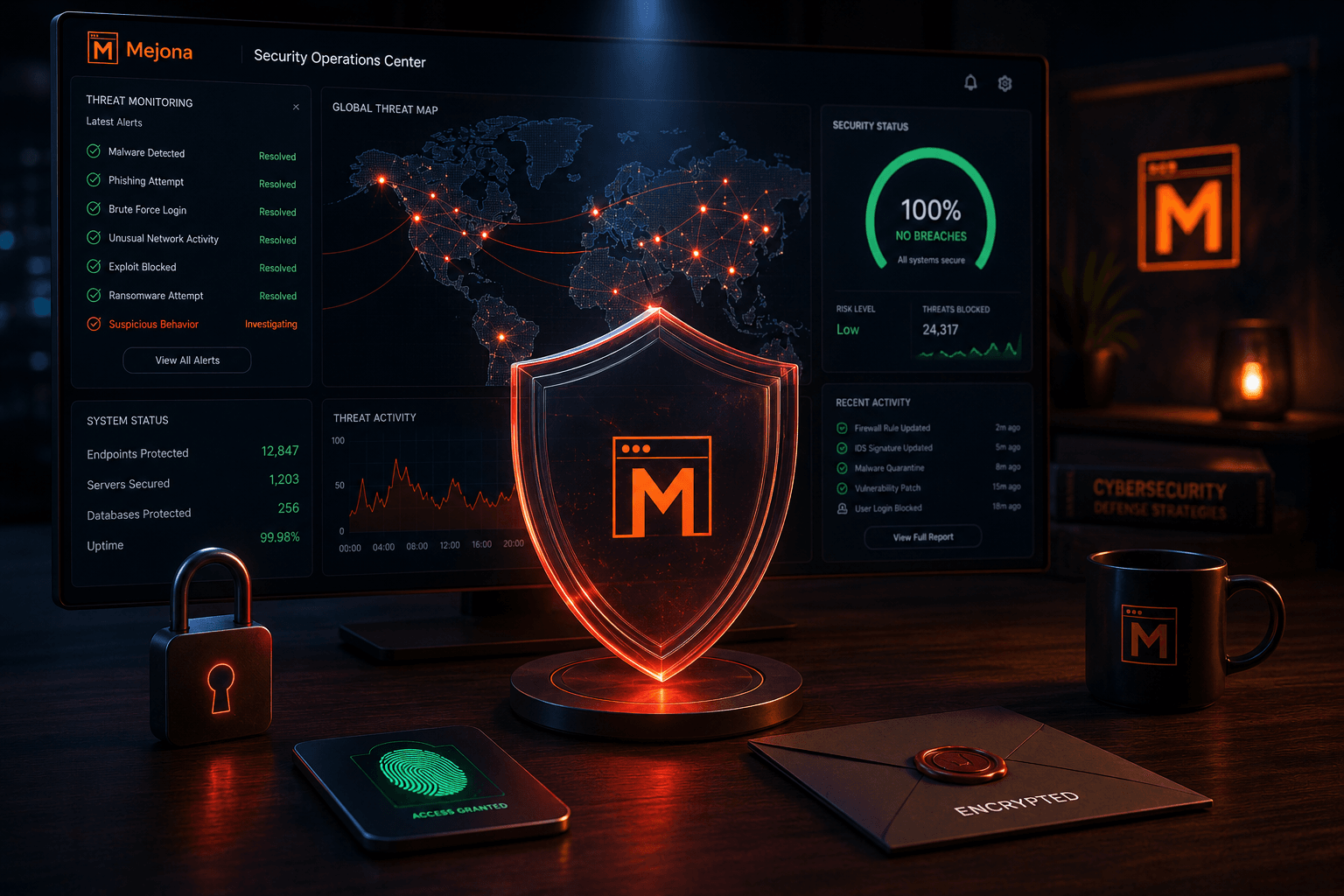 Mejona Security Operations Center dashboard with Threat Monitoring alerts, a Global Threat Map, a 100 percent no breaches gauge, and a translucent glass shield with the Mejona M logo