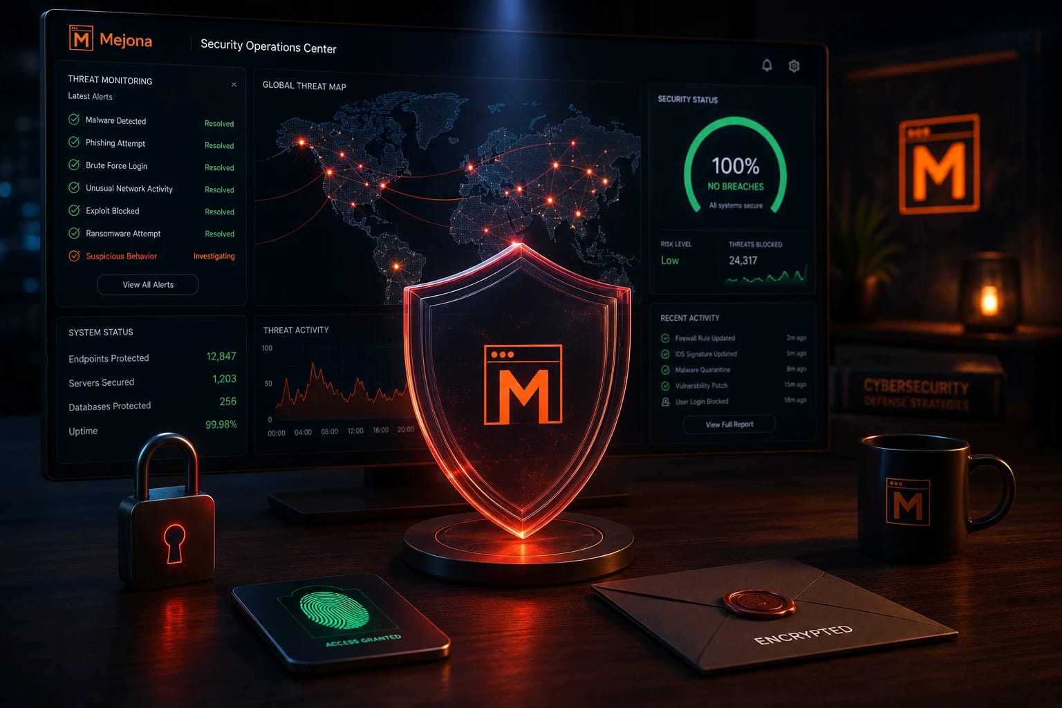 Mejona Security Operations Center dashboard with Threat Monitoring alerts, a Global Threat Map, a 100 percent no breaches gauge, and a translucent glass shield with the Mejona M logo