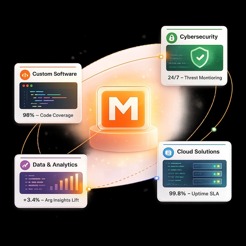 Mejona Solutions constellation — Custom Software, Cybersecurity, Data & Analytics, and Cloud Solutions orbit a central orange M-hub, connected by glowing dashed lines.